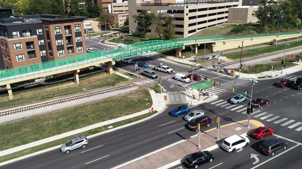 University Avenue and University Bay Drive showing new intersection and bike/ped bridge over University Bay Drive.