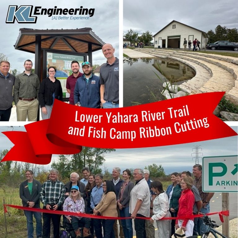Graphic with a photo of the ribbon being cut on the bottom, our staff in upper left corner and a project photo in upper left corner with project title and KL logo.