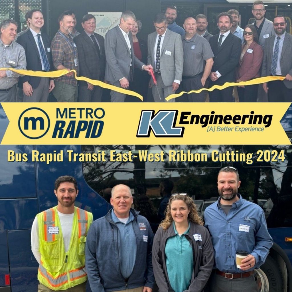 Graphic with a photo of the ribbon being cut on the top and our staff up against a bus on the bottom with project title and Madison Metro Rapid and KL logos.