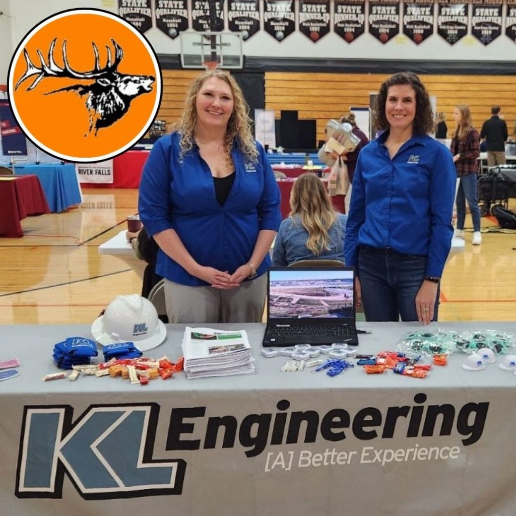 Graphic includes Shelly and Kristy at a table with the KL Engineering logo, and the Elk Mound High School logo as well.