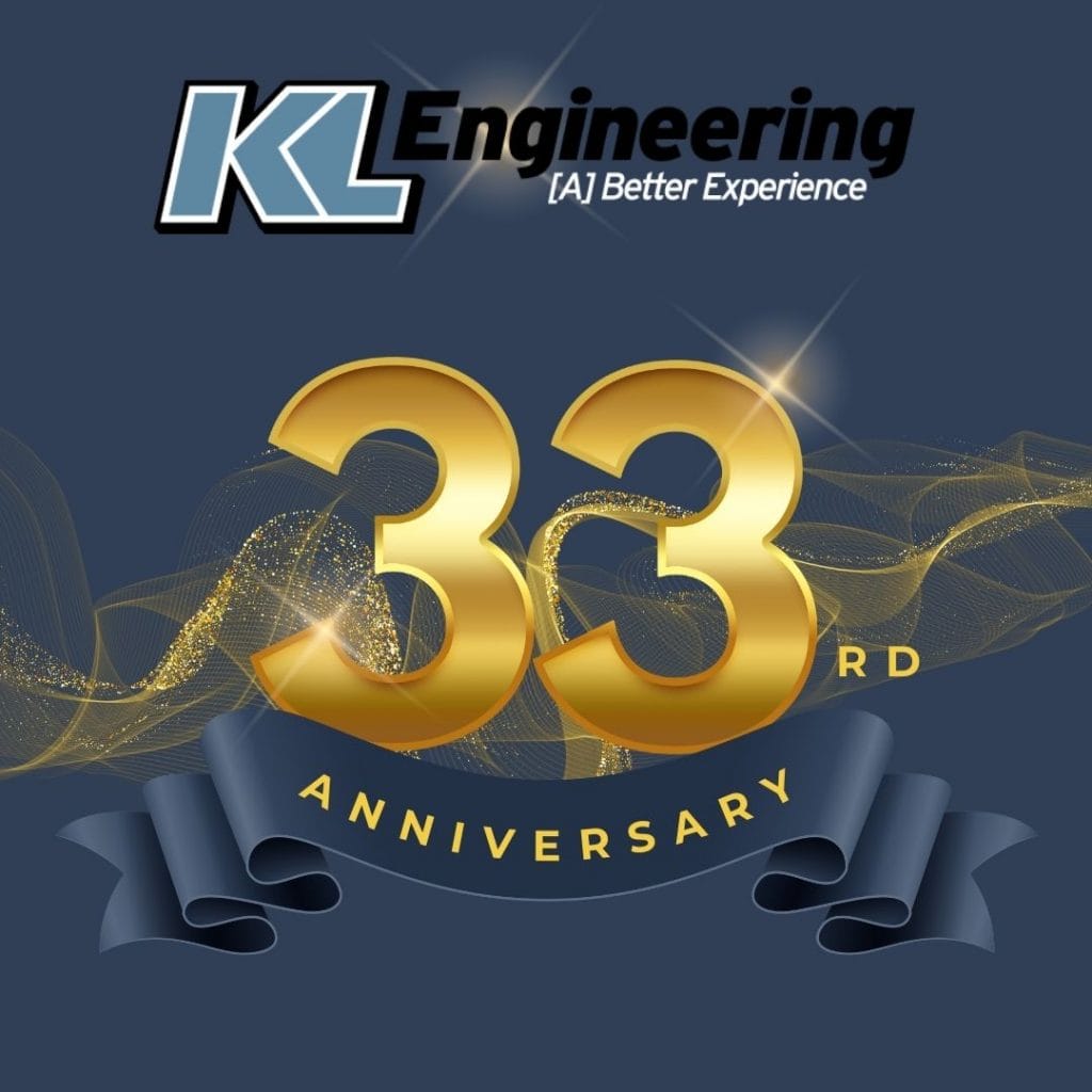 Golden 33rd Anniversary text with KL logo on a regal background.