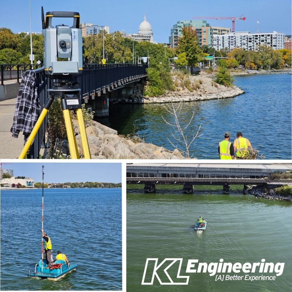 Graphic includes three photos of a surveying effort under the John Nolen Drive Bridge, including one drone photo of the engineers in a paddleboat.