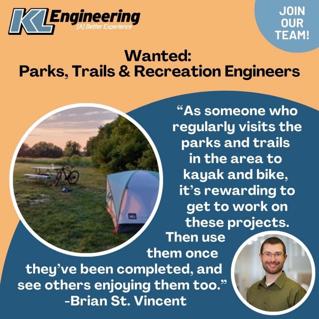 Graphic includes Brian St. Vincent's quote, saying, "As someone who regularly visits the parks and trails in the area to kayak and bike, it’s rewarding to get to work on these projects and then use them once they’ve been completed and see others enjoying them, too.” Graphic also includes a photo of a tent at a park as well.