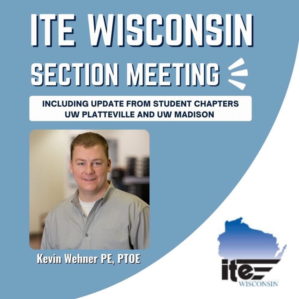 Photo of Kevin Wehner with meeting title and ITE logo on a blue background with a white swoosh.