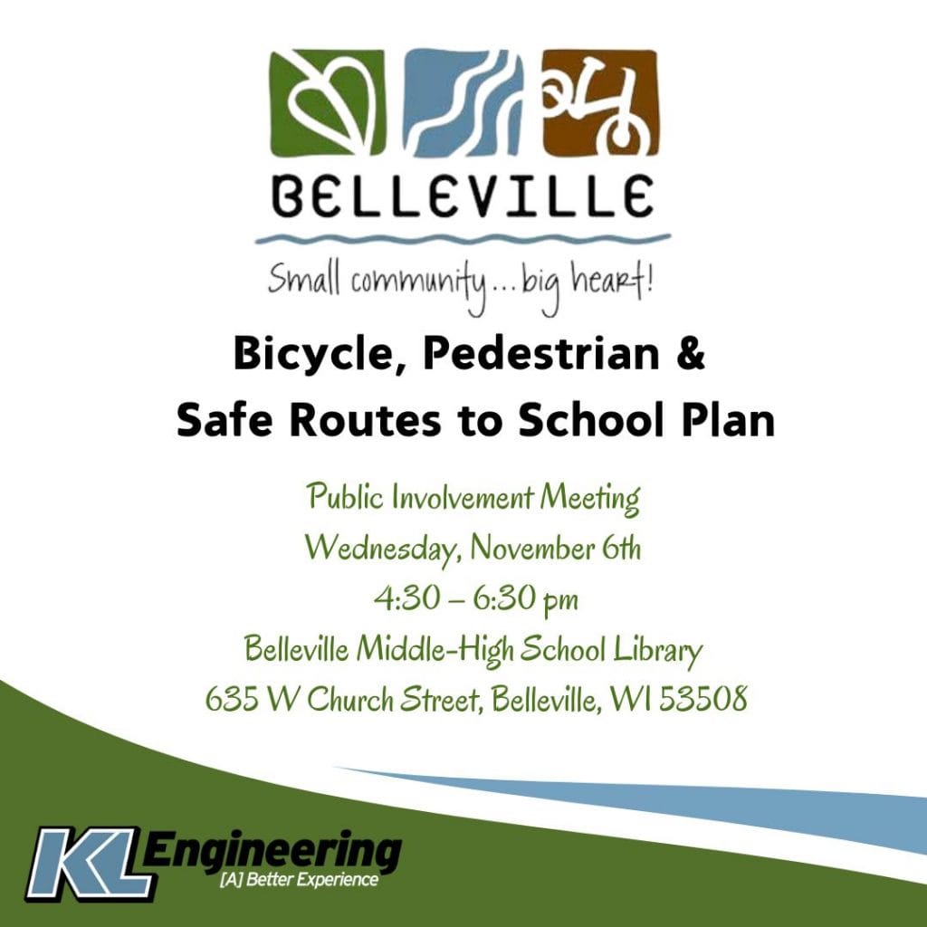 The graphic includes the details of the event in Belleville, including the time, location, and the words "Bicycle, Pedestrian, & Safe Routes to School Plan."