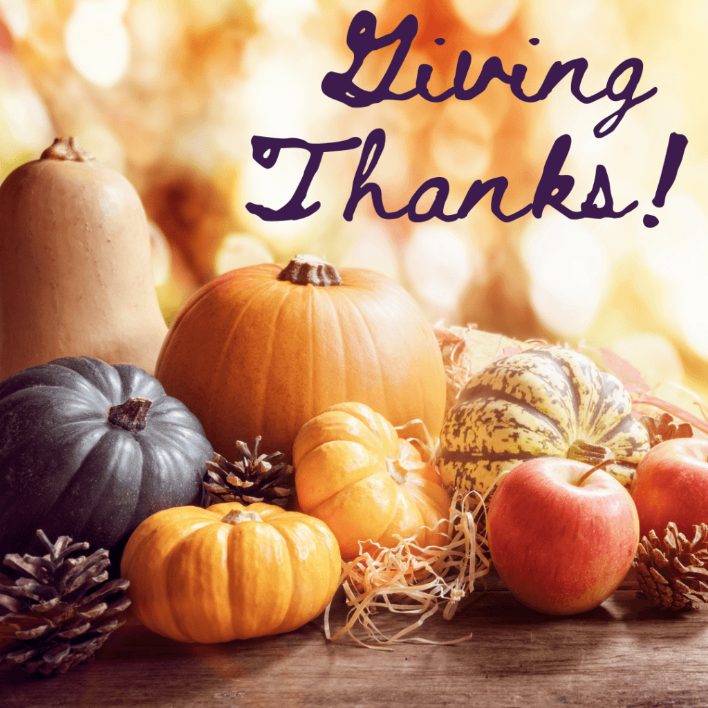 Graphic includes a fall themed pumpkin display, as well as the words "Giving thanks!"