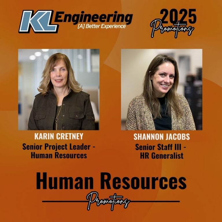 Photos of the staff mentioned in the post with their names and new titles, along with KL logo and 2025 Promotions header on a burnt orange background.