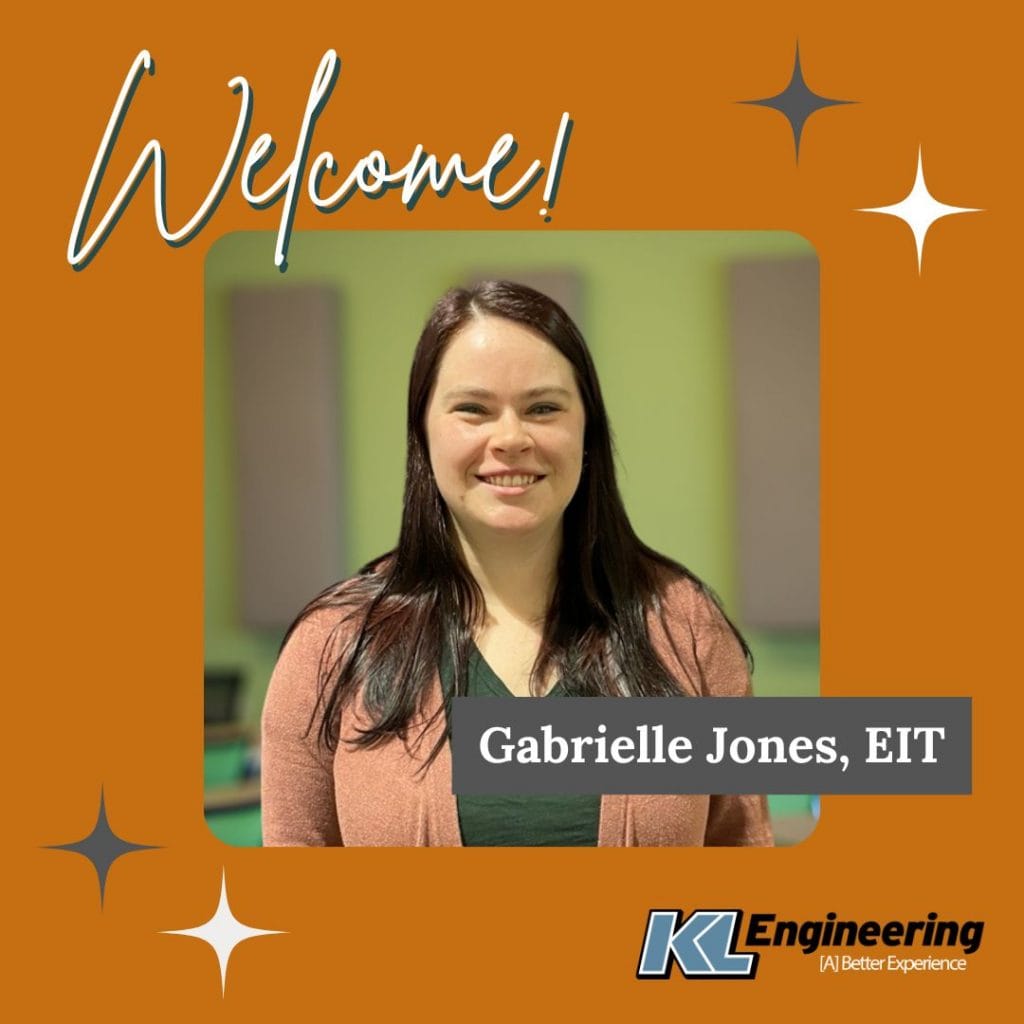 Photo of Gabrielle with KL logo, Welcome text, and star design on orange background.