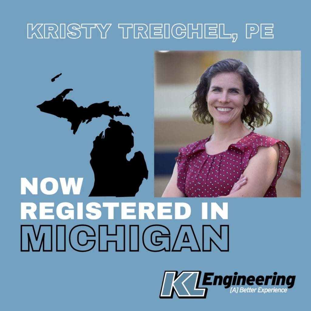 Graphic includes the silhouette of the state of Michigan, Kristy Treichel's headshot and name, and the text "now registered in Michigan."