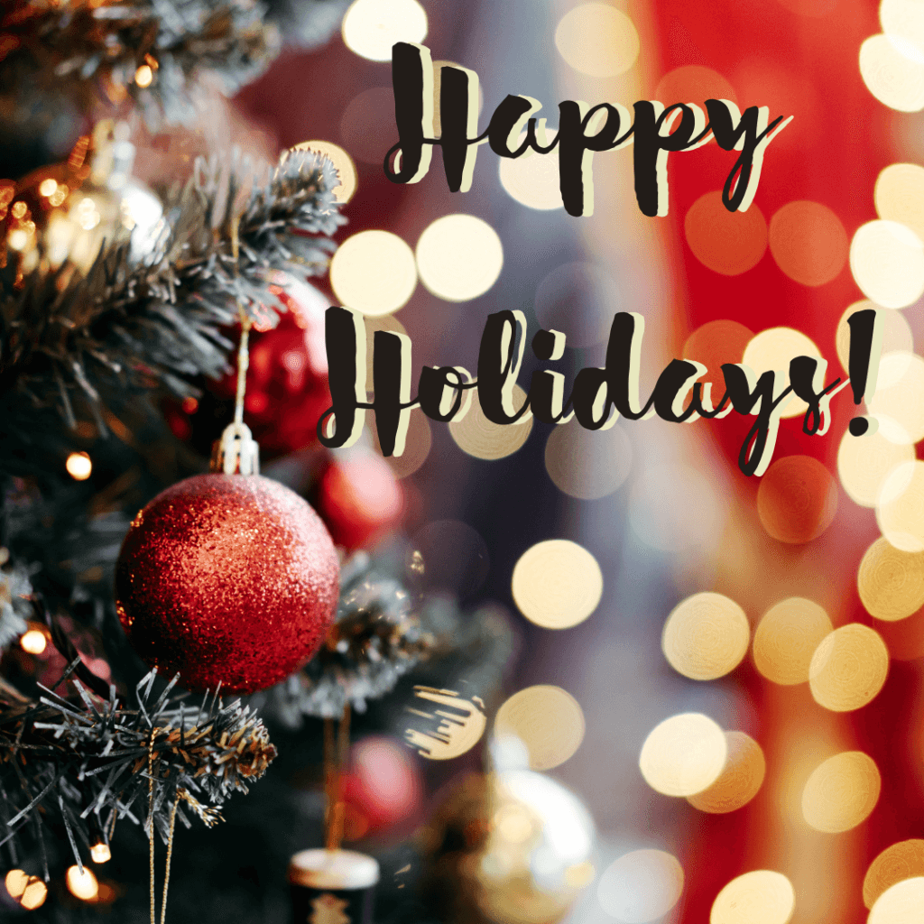 Picture includes a festive tree and ornament, along with lights in the background that are blurred slightly.