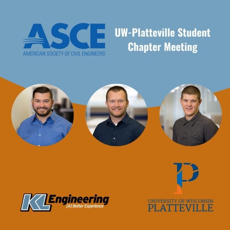 Graphic picturing the 3 people mentioned in the post with ASCE, UW-Platteville, and KL logos.