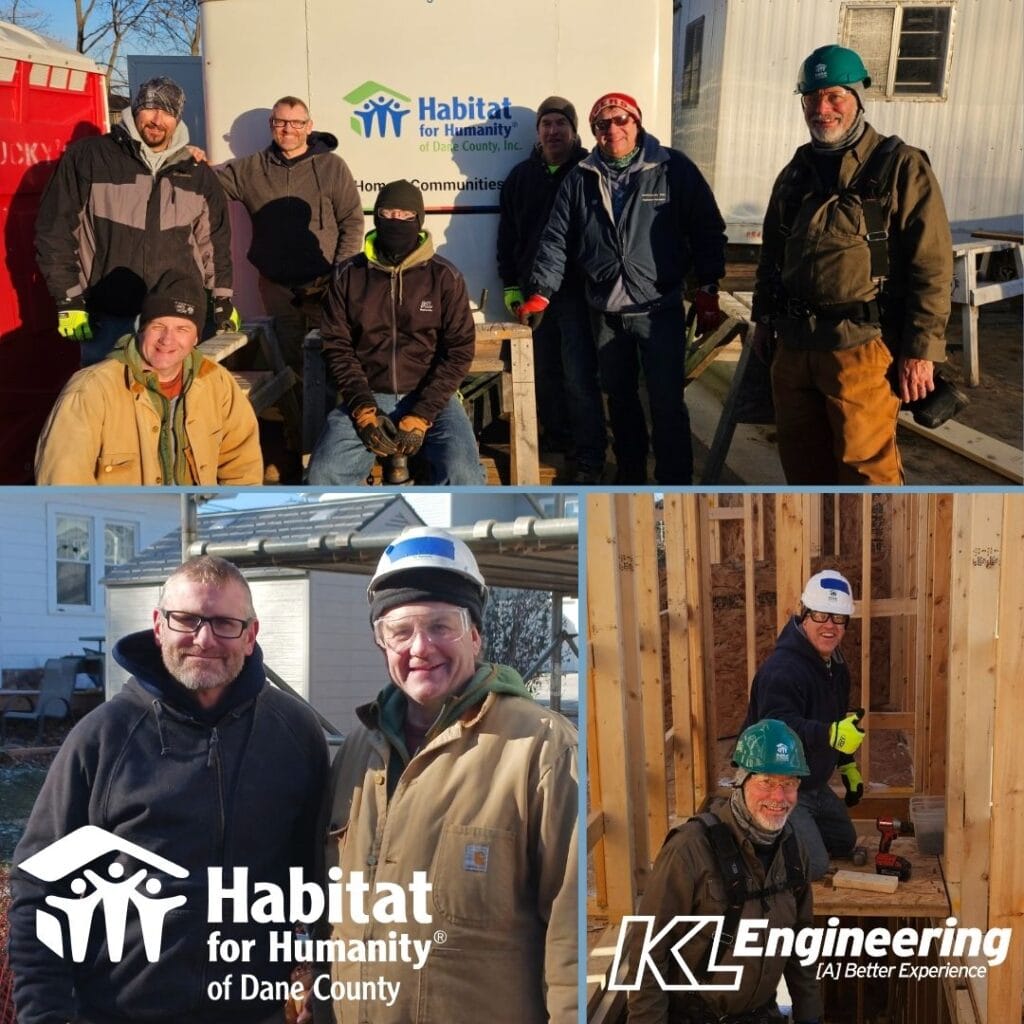 Graphic includes images of KL employees working on building a house for Habitat for Humanity Dane County.