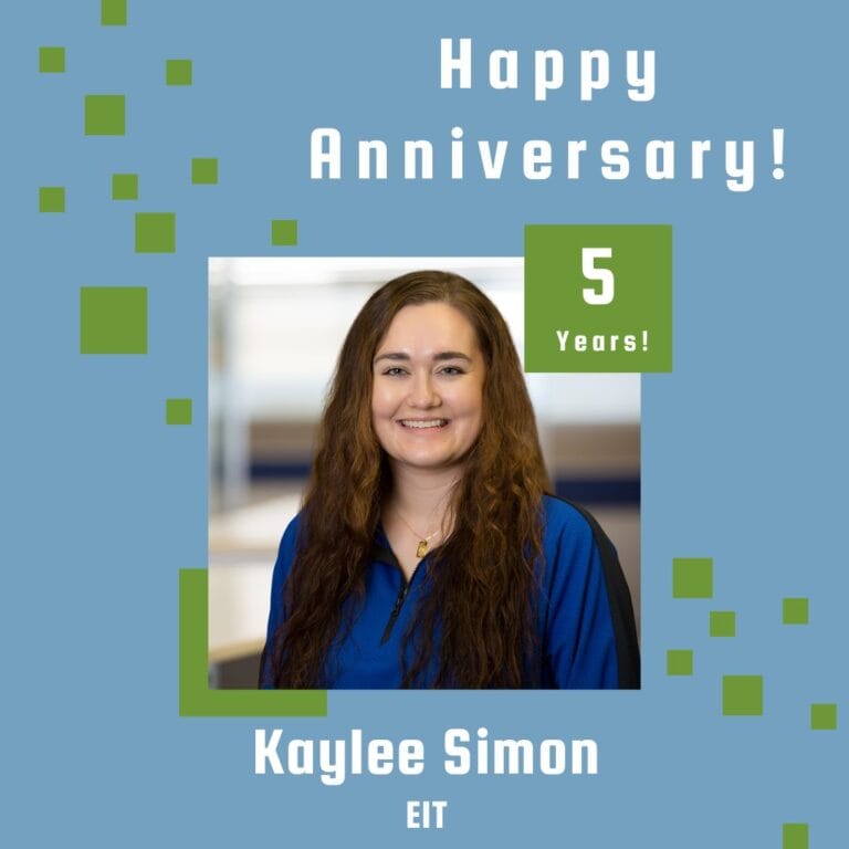 Graphic includes the headshot of the person who is being celebrated, along with some green accent squares and a light blue background.