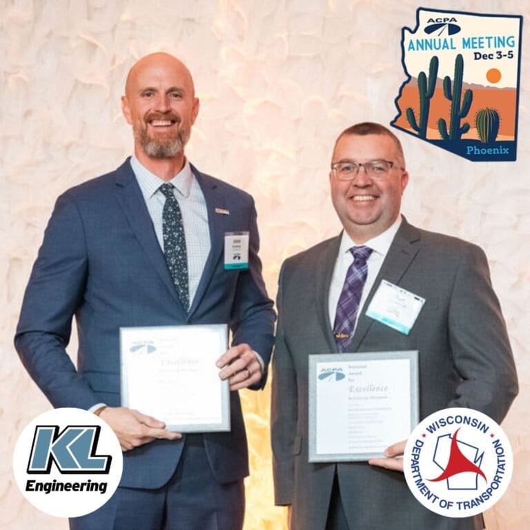 Graphic includes a photo from the awards gala, as well as the logos for KL Engineering and Wisconsin Department of Transportation.