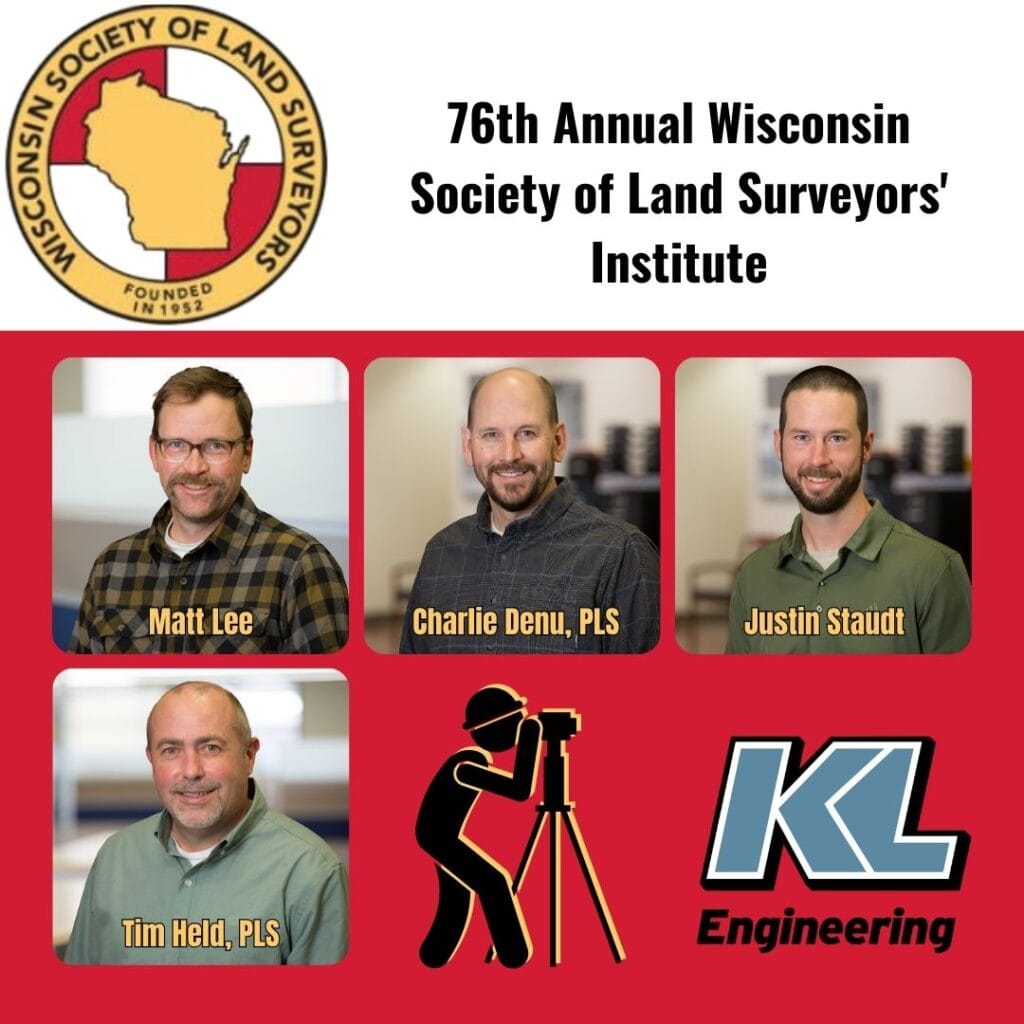 Graphic includes the headshots of the people mentioned in the text of the post, as well as the logo for Wisconsin Society of Land Surveyors.