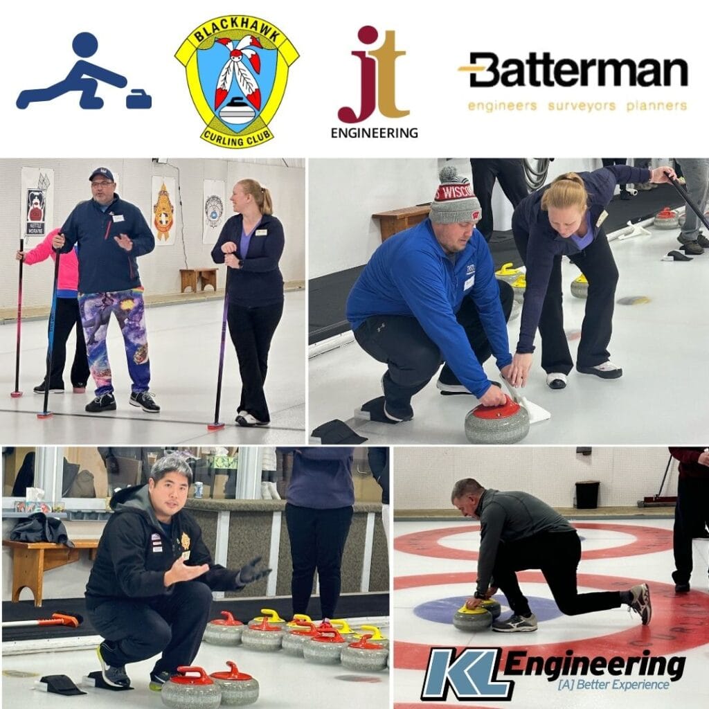 Graphic includes multiple photos from the curling event, along with the logos of the firms in attendance.