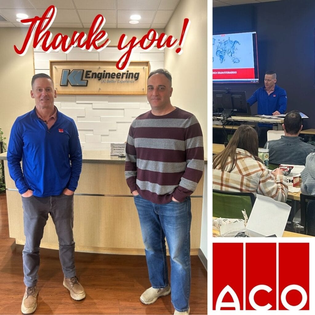 Earlier this month, KL's Madison office had the pleasure of hosting a "Lunch and Learn" with Water Management Solutions - ACO Surface Water Management. At the event, folks learned guidelines through some example case studies for installing surface water management solutions. Thank you for stopping by, ACO!