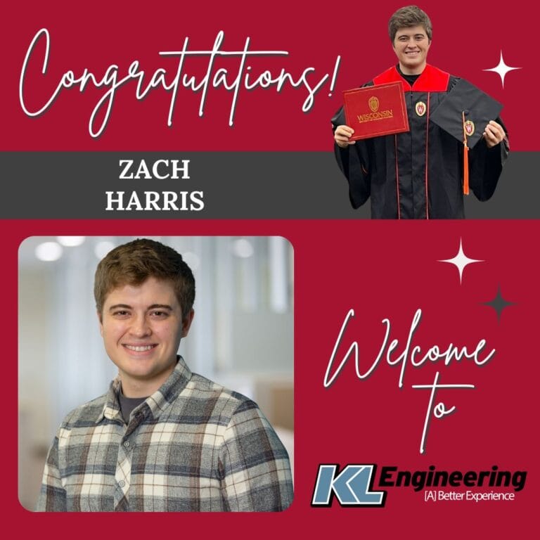Graphic includes a graduation photo of the person being celebrated, as well as their professional headshot on a red background with their name and the KL Engineering logo.
