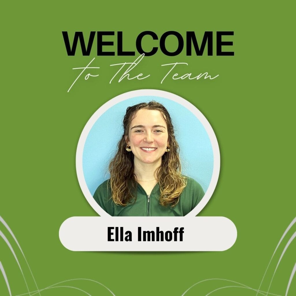 Graphic includes the headshot of the person who is being welcomed to the company on a light green background with some grey accents.