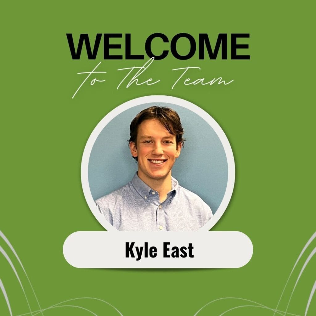 Graphic includes the headshot of the person who is being welcomed to the company on a light green background with some grey accents.