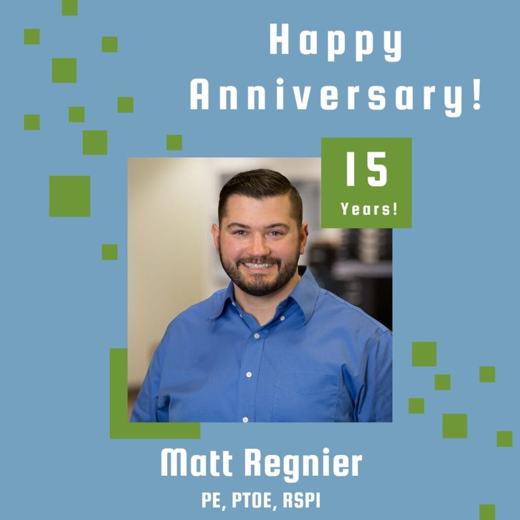 Graphic includes the headshot of the person who is being celebrated, along with some green accent squares and a light blue background.