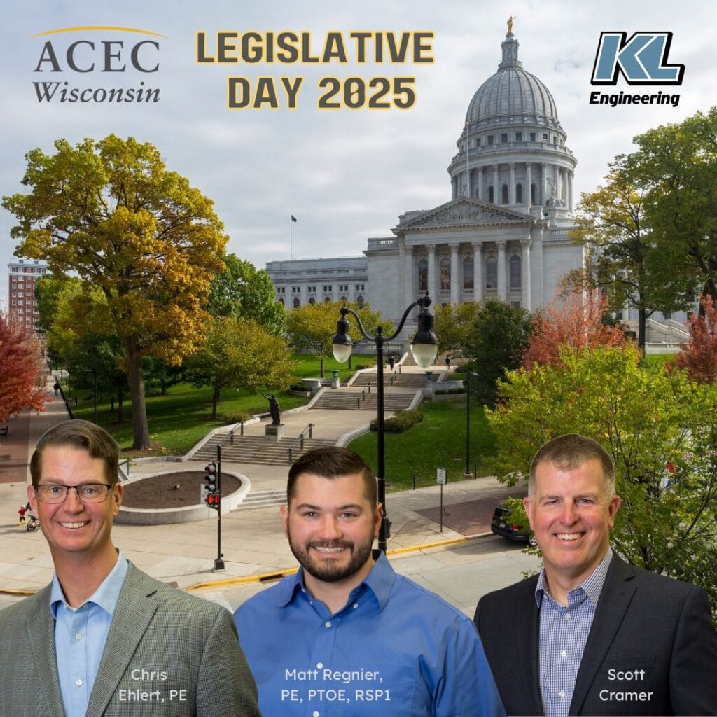 Graphic includes the ACEC Wisconsin logo, the KL logo, and the headshots of the people attending the event. The background is a photo of the Wisconsin State Capitol building in the fall.