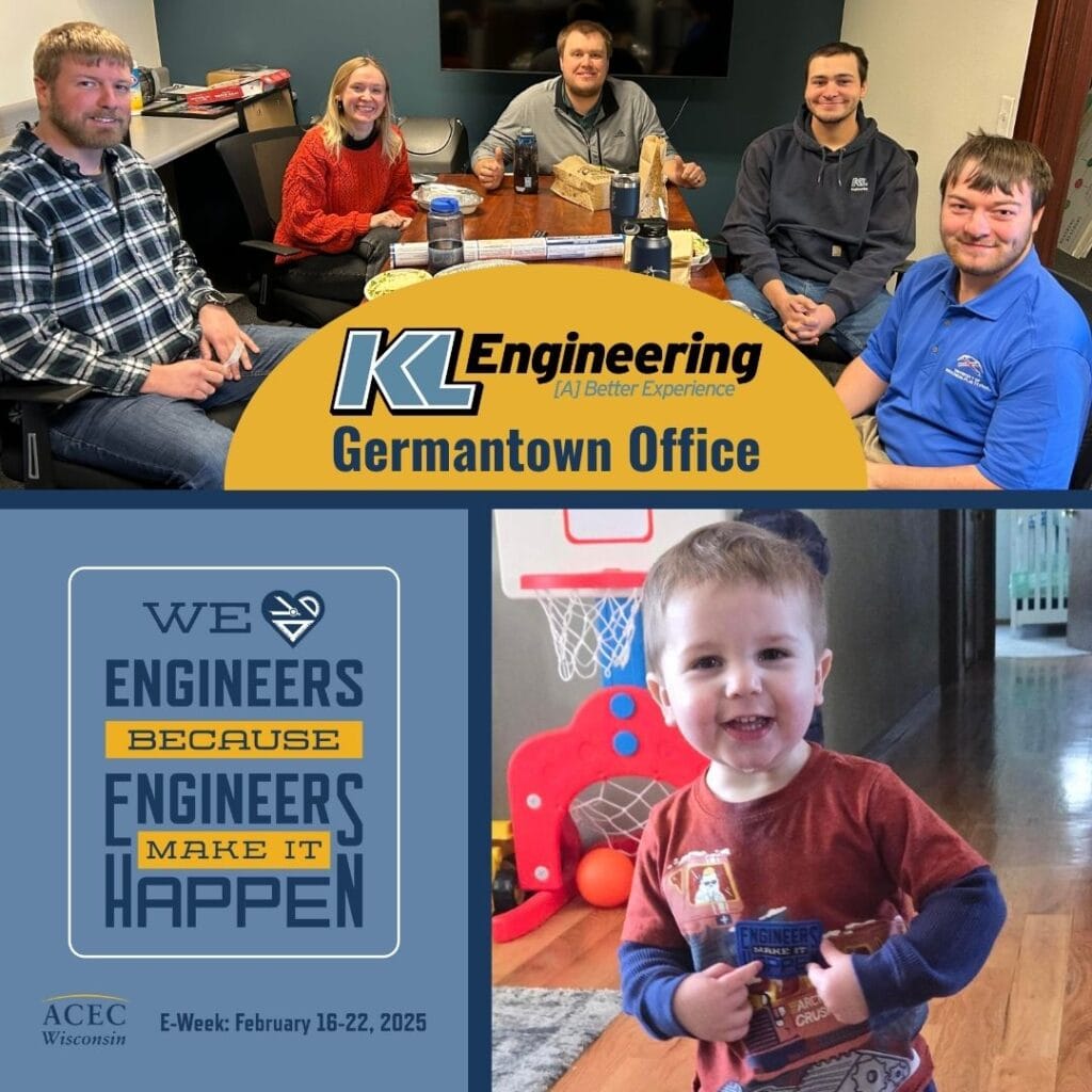 Graphic includes a photo of some employees enjoying lunch together, as well as a photo of a young boy with an ACEC sticker. There are also logos for KL Engineering, and a small graphic from ACEC for Engineers Week 2025.