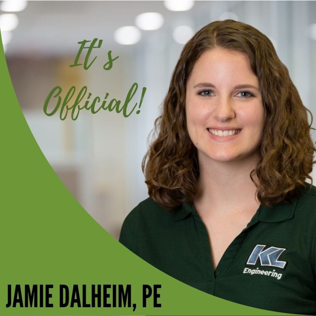 Graphic of Jamie Dalheim's headshot with her name and PE credentials and title "It's Official!"