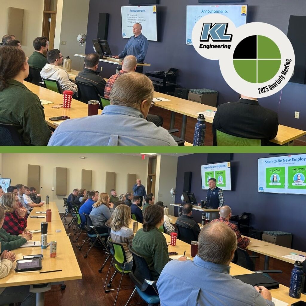 Photos from the meeting showing leaders presenting, staff listening, and food buffet for lunch on green background.