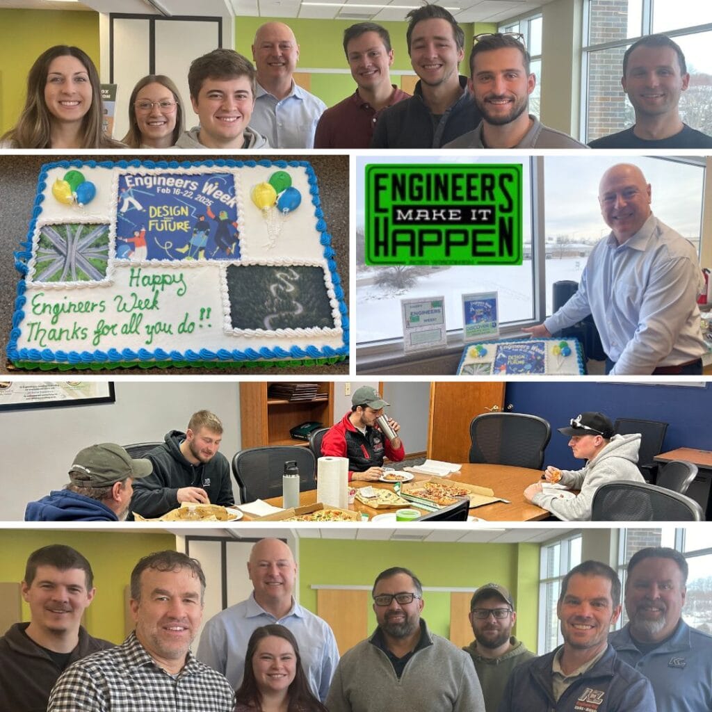 Photos from the week showing groups of staff, a cake, and eating pizza with 'Engineers Make It Happen' sticker in green.