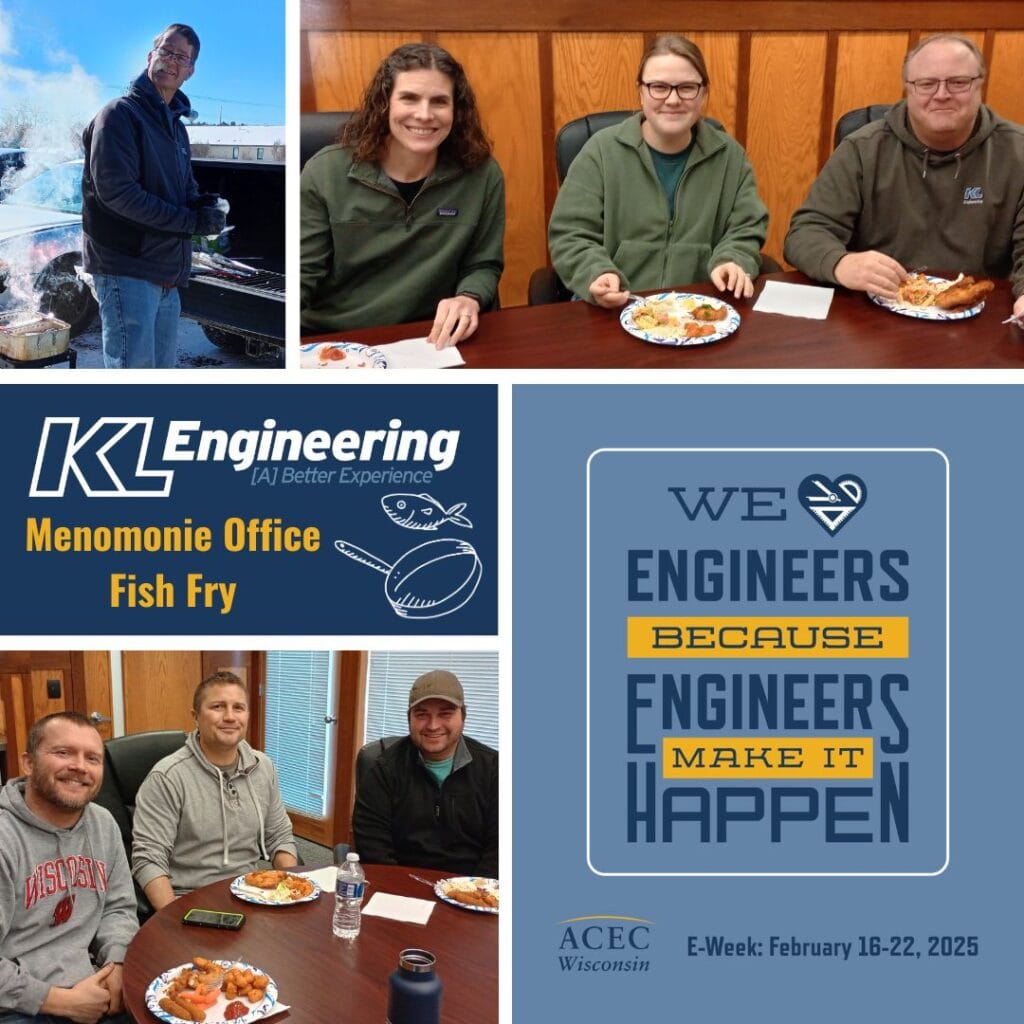 Photos of happy employees eating fried fish and Chris outside cooking. Graphic from ACEC WI saying 'We (heart) Engineers because Engineers Make It Happen'.