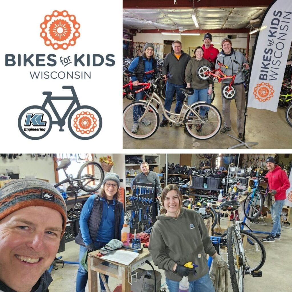 Graphic includes the logo for Bike for Kids Wisconsin, as well as a small bike with the KL Logo in the wheel. Two photos show off the teams' hard work.