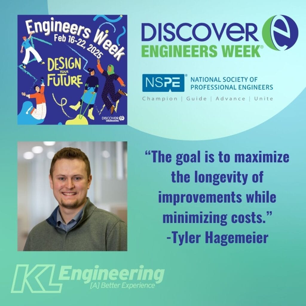 Graphic includes headshot of Tyler Hagemeier, as well as the logos for EWeek 2025 and DiscoverE. KL Logo is also included in the bottom left corner. Blue and green gradient background.