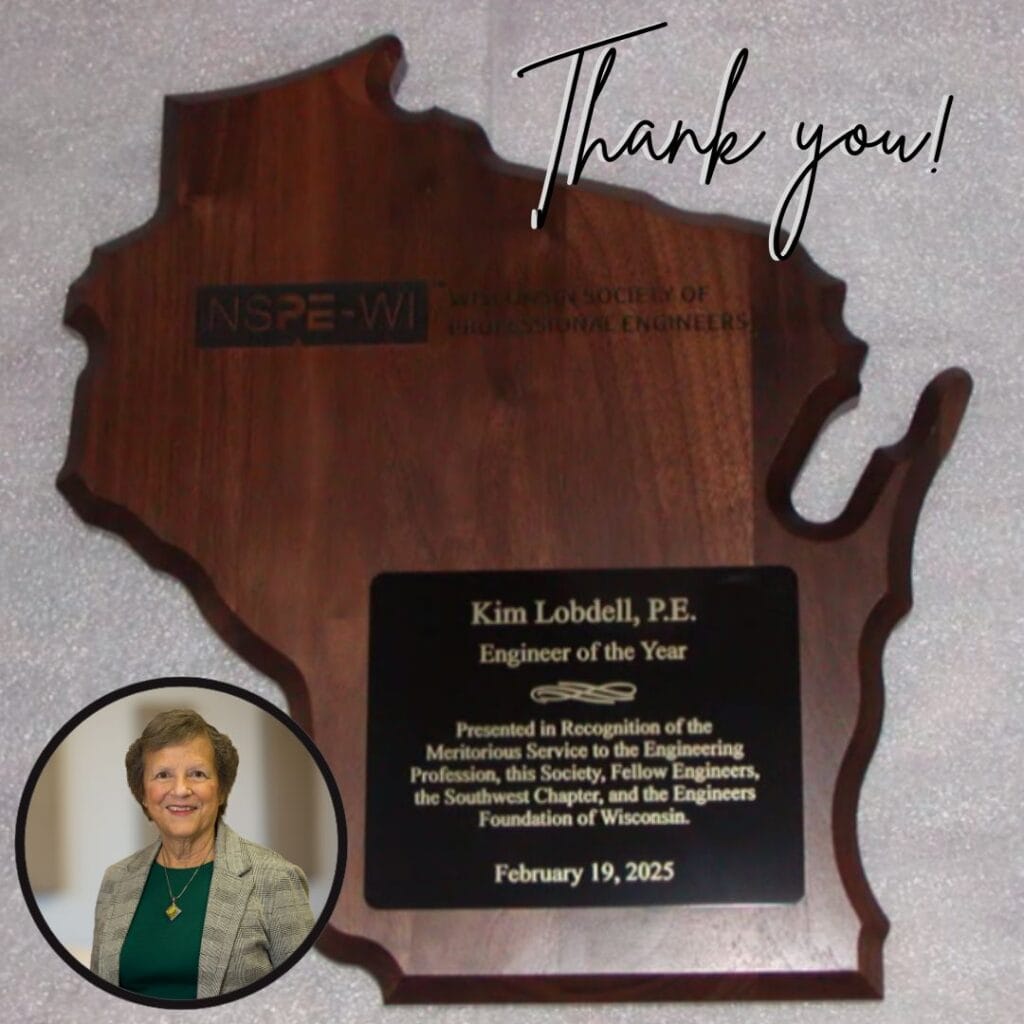 Graphic includes a photo of the award, which is a wisconsin shaped plaque, as well as Kim's headshot.