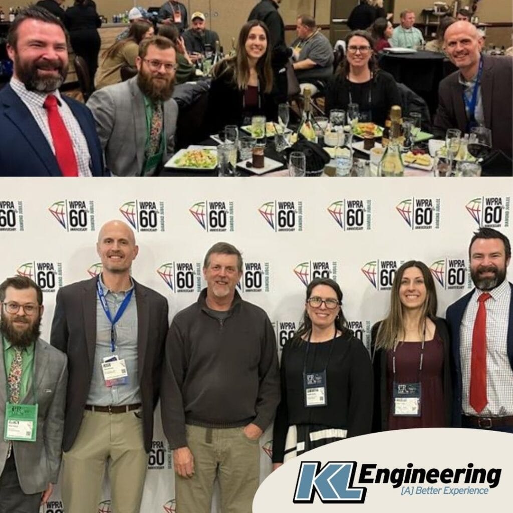 Graphic includes two photos, one at a dinner event and one with a backdrop that includes the conference logo, and the KL logo in the bottom right corner.