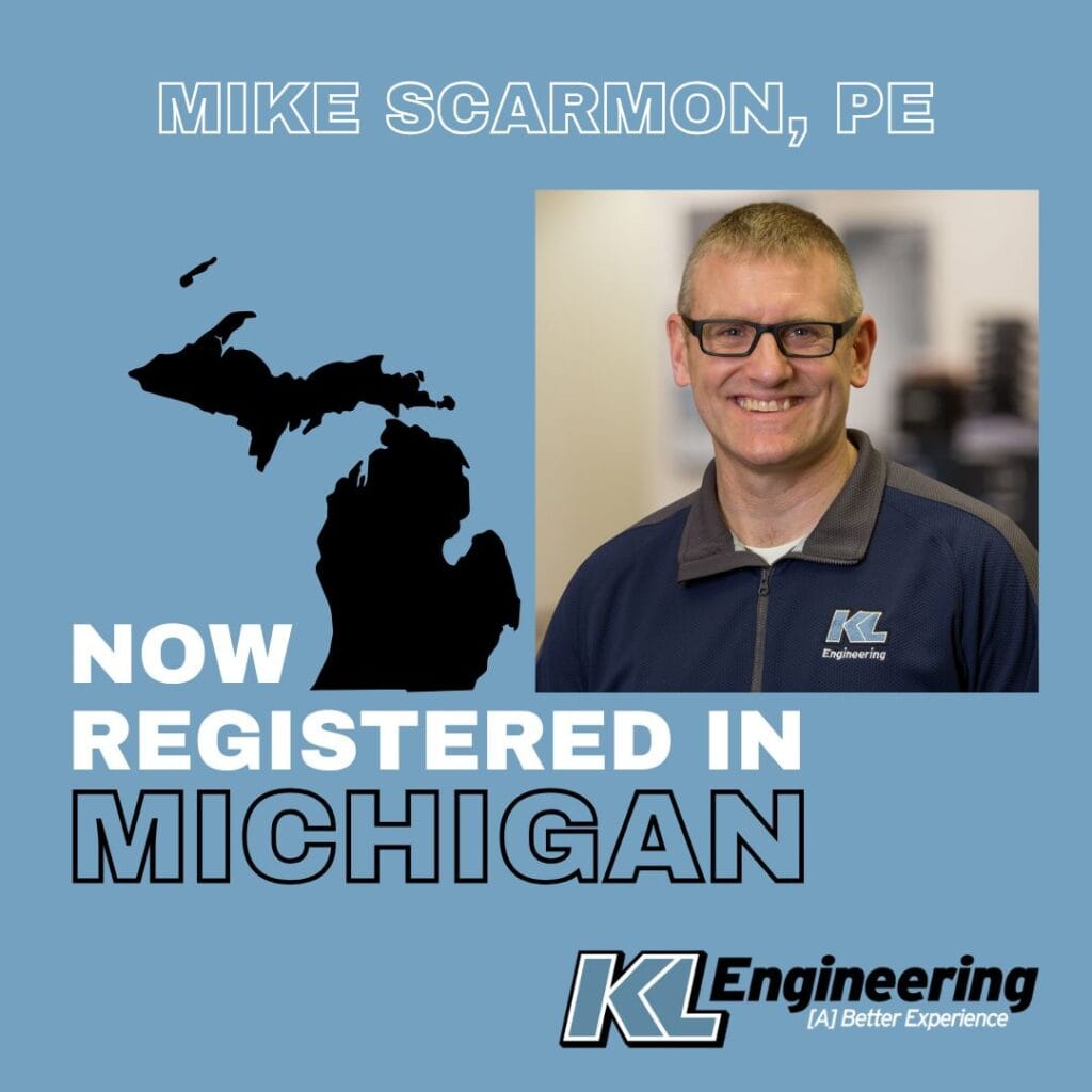 Graphic includes the silhouette of the state of Michigan, Mike Scarmon's headshot and name, and the text "now registered in Michigan."