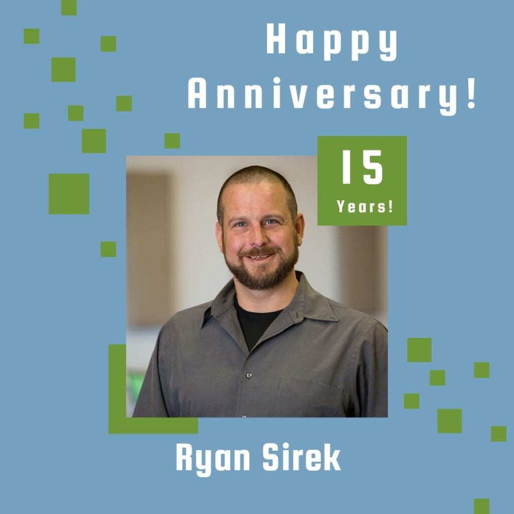 Graphic includes the headshot of the person who is being celebrated, along with some green accent squares and a light blue background.