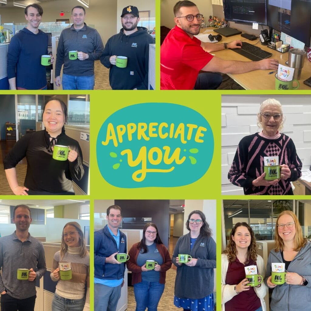 Graphic with photos of employees and their Employee Appreciation mugs and goodies with 'We love our employees!' and KL Logo.
