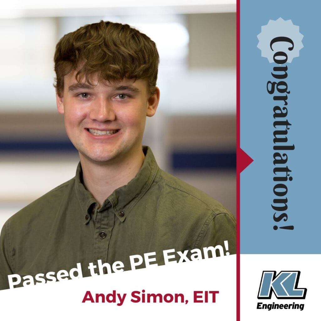 Graphic includes "Congratulations!" And "Passed the PE Exam!" along with Andy Simon's headshot and the KL Logo.