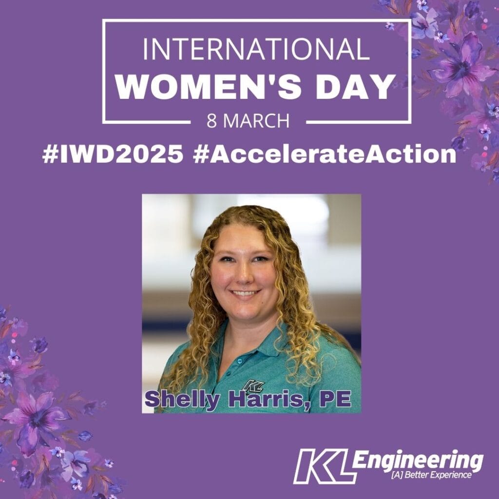Graphic includes Shelly Harris's headshot on a purple background, and the KL logo along with the International Women's Day logo and associated hashtags.