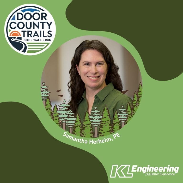 Graphic with a photo of Samantha Herheim and the logos for Door County Trails and KL Engineering on a green background.
