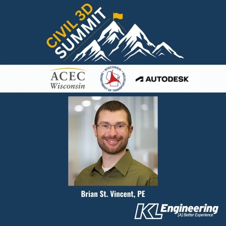 Graphic includes Brian St. Vincent and logos for ACEC-Wisconsin, Wisconsin Dept. of Transportation, and AutoDeck with the information about the Civil3D Conference Event on a dark blue background.