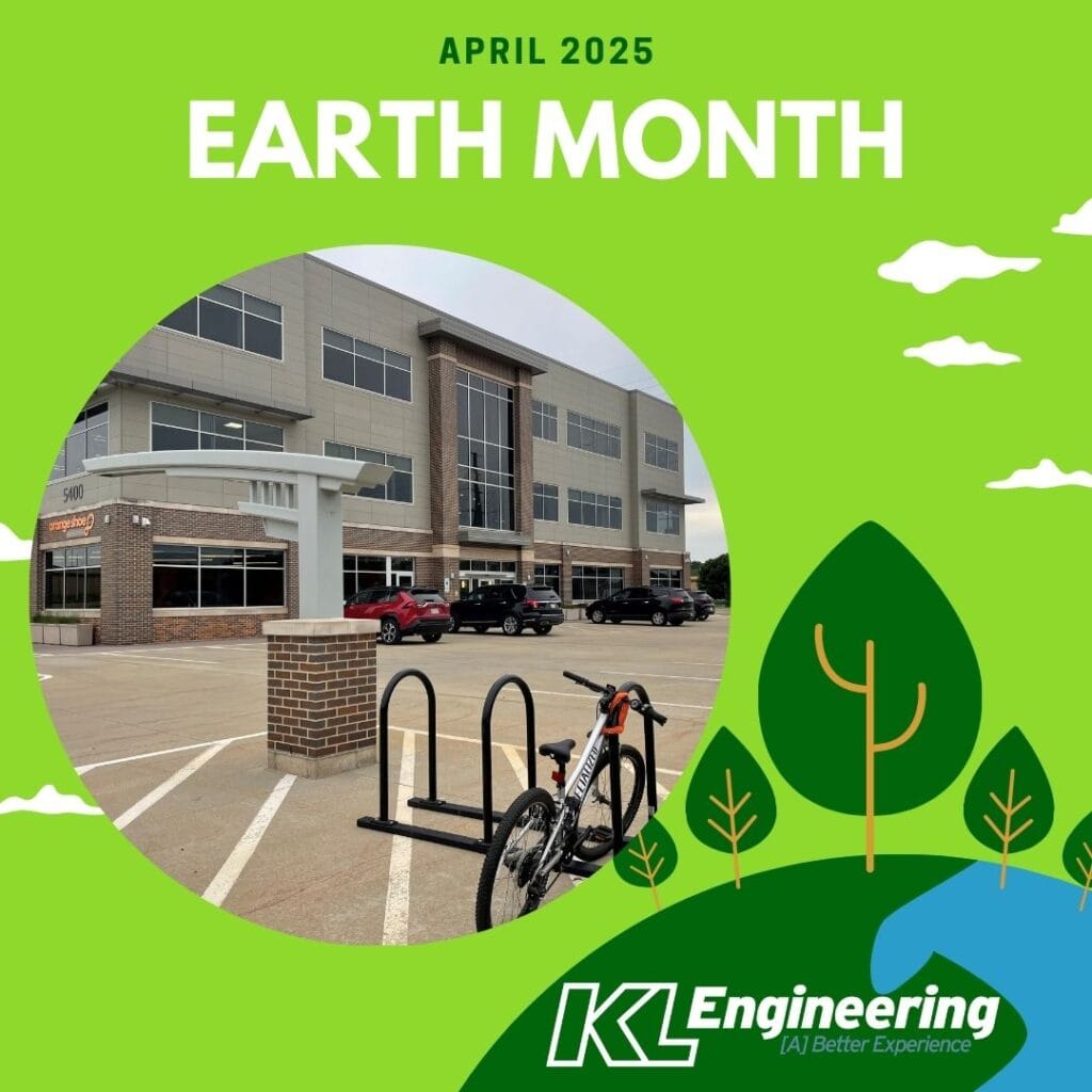 Graphic includes the text "Earth Month" on a green background with some green trees and a photo of the bike rack outside at KL Engineering.