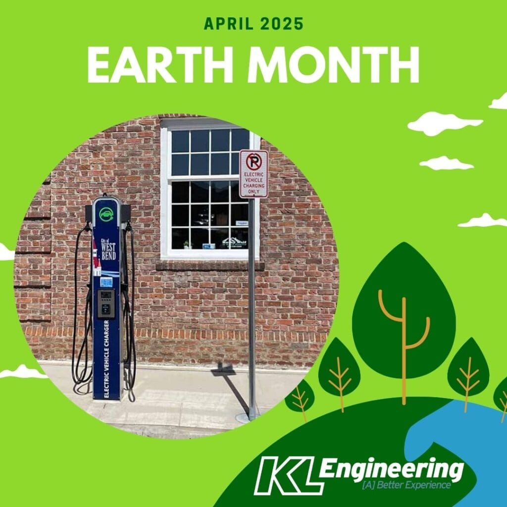 Graphic includes a photo of one fo KL's EV projects, as well as an earth with trees on it and the KL Logo.