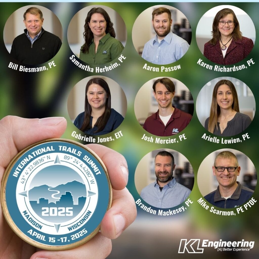 Graphic includes a hand holding a compass with the International Trail Summit logo, as well as the headshots of the KL team members who are attending the conference.