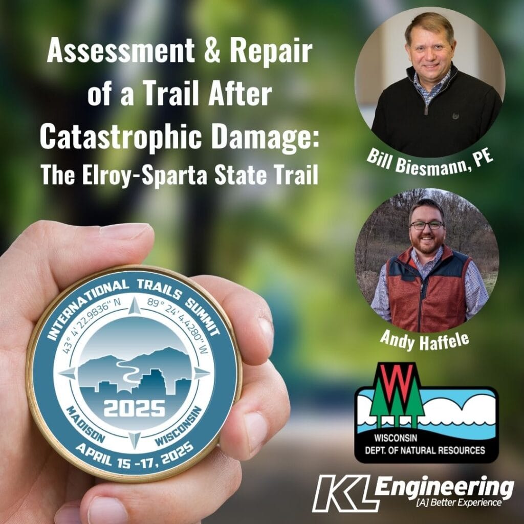 Graphic includes the headshots of the people who are presenting at the International Trails Summit, a hand holding a compass with the International Trail Summit logo, as well as logos for KL Engineering and the Wisconsin Dept of Natural Resources.