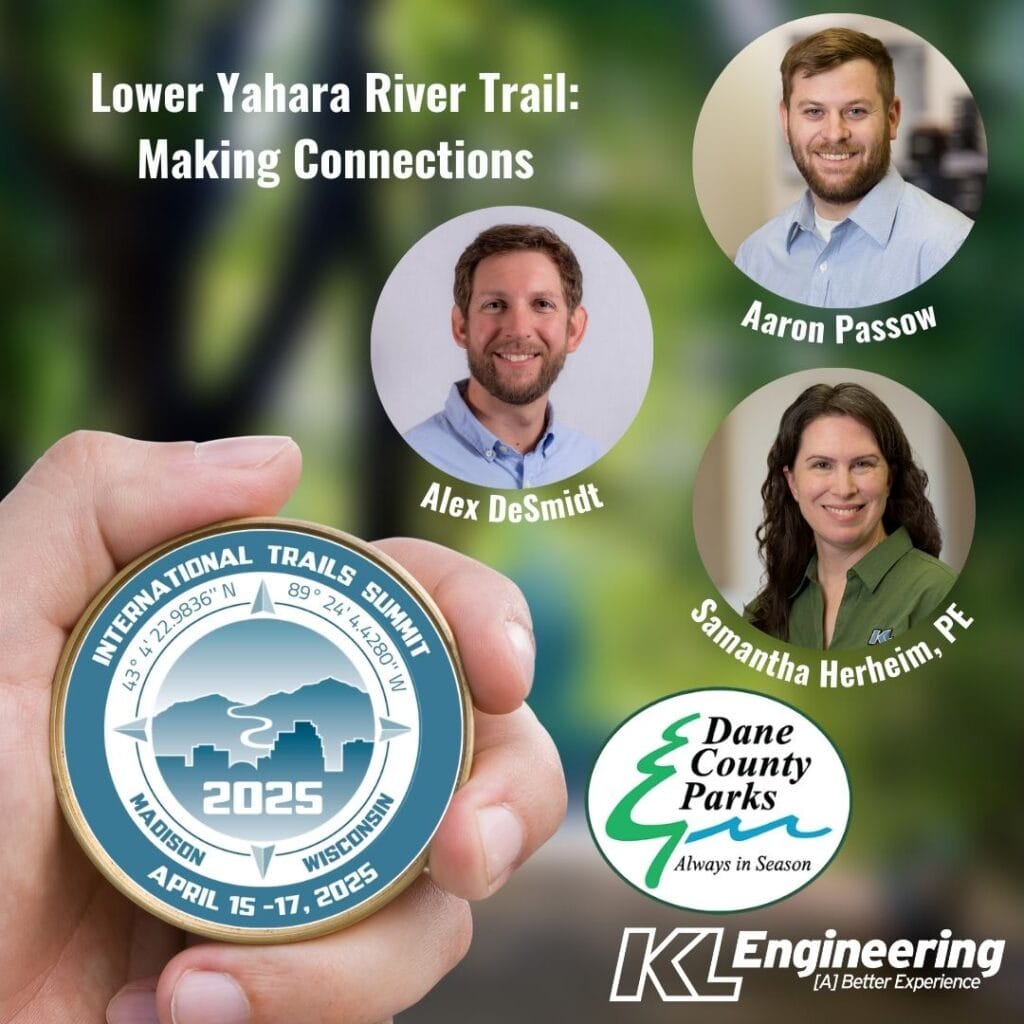 Graphic includes the headshots of the people who are presenting at the International Trails Summit, a hand holding a compass with the International Trail Summit logo, as well as logos for KL Engineering and Dane County Parks.