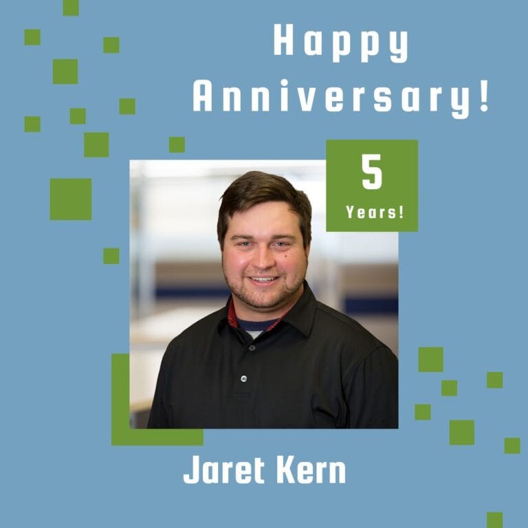 Graphic includes a photo of Jaret on a light blue background, with green square accents around the photo.
