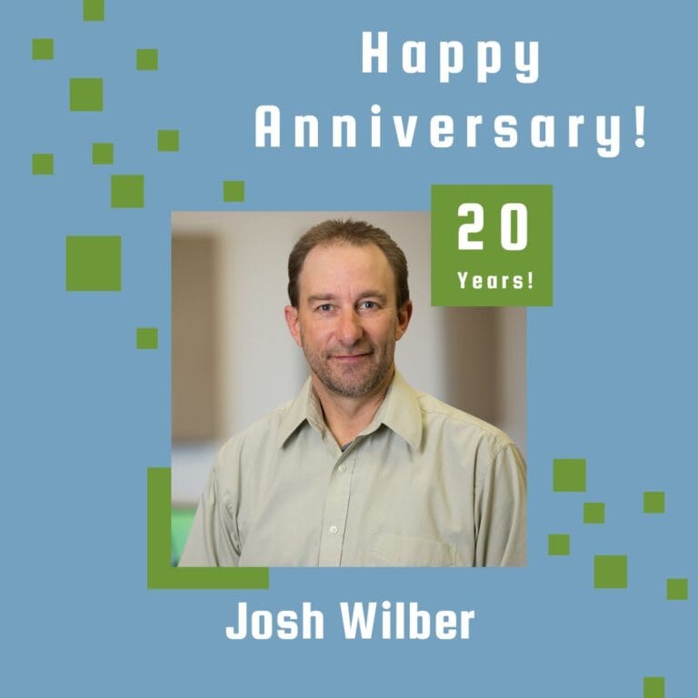 Graphic includes a photo of Josh on a light blue background, with green square accents around the photo.