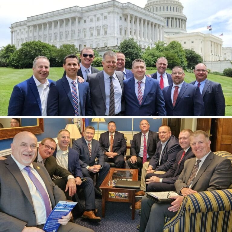 Photos of Scott Cramer and 8 others in front of the US Capitol and in and office during their trip.
